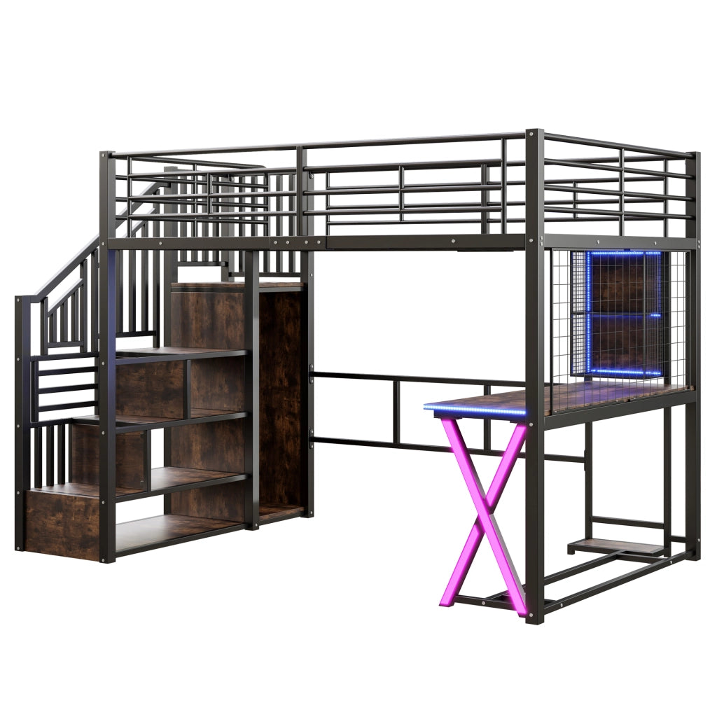Letto a soppalco 2 posti con LED, scrivania, armadio e scaffali, 140 × 200 cm, senza materasso