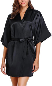 Kimono da donna in satin corto sexy con cinturino e V-neck per abbigliamento notturno A-Zwart