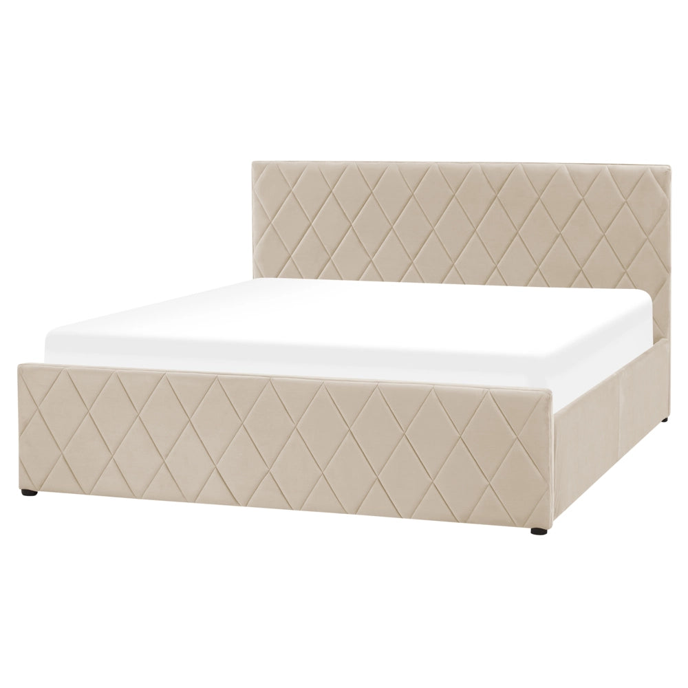 Letto contenitore Rivestimento in velluto beige 160 x 200 cm con testiera trapuntata a diamante con base a doghe