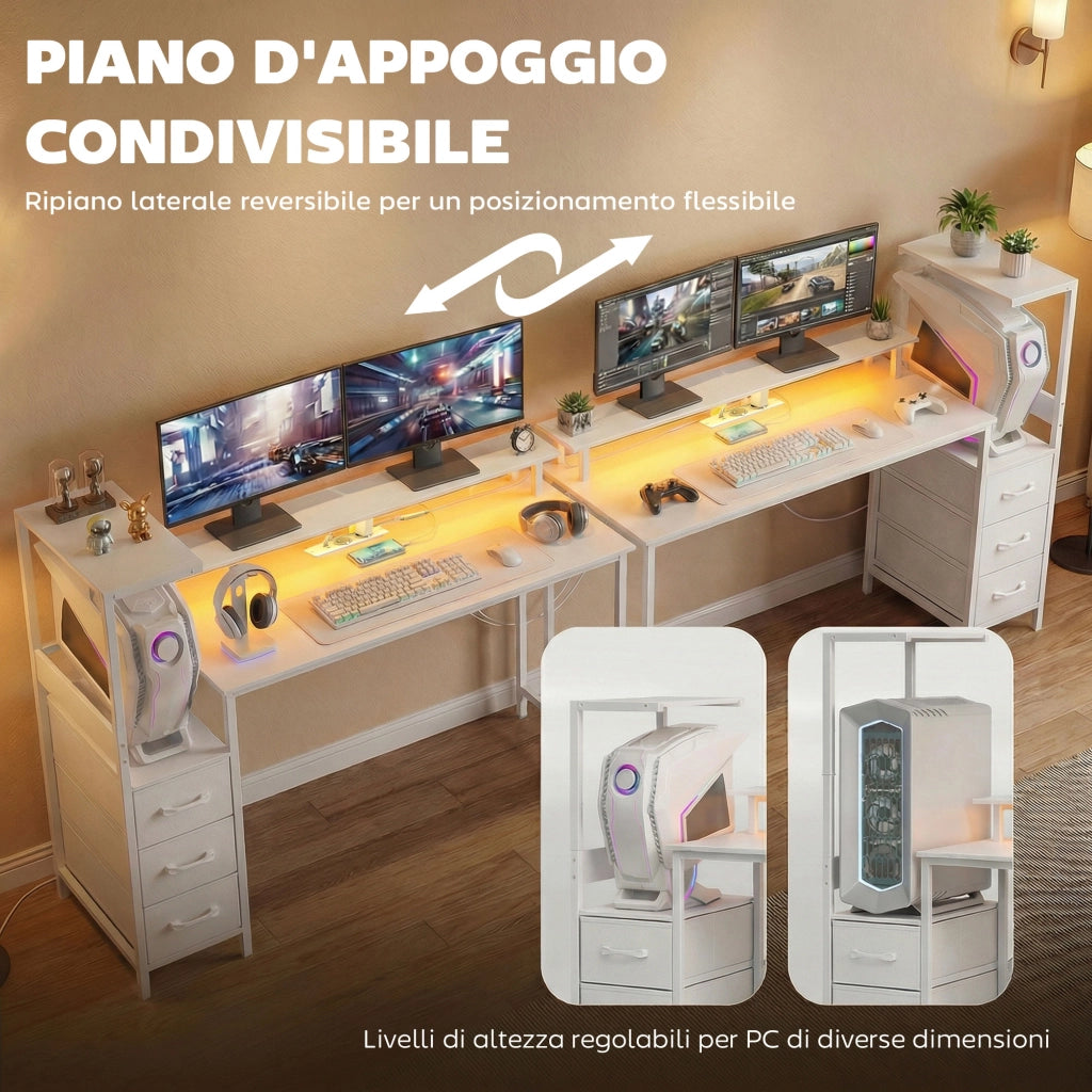 Scrivania Gaming Tavolo per Computer 147x47x130 cm con Supporto CPU Regolabile e Reversibile Luci RGB Prese e Porte USB