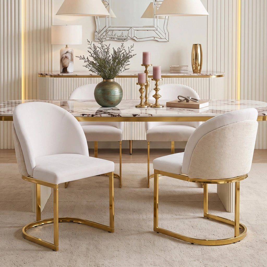 2 sedie da pranzo in Chenille beige e oro, schienale doppio, gambe in metallo galvanizzato, design moderno