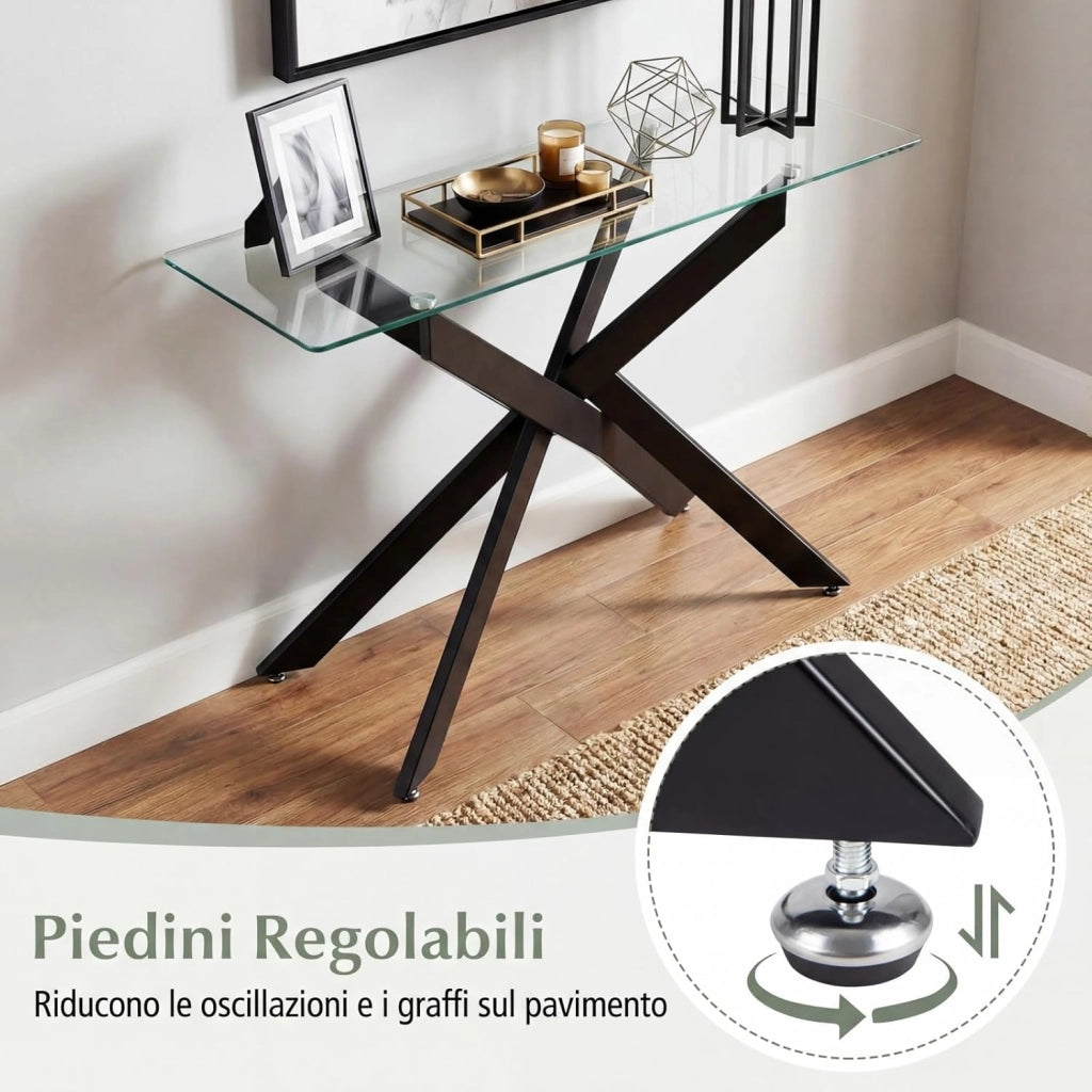 Consolle Ingresso in Vetro Temperato, Tavolo d'Ingresso con Gambe Incrociate in Metallo Placcato e Piedini Regolabili Antiscivolo, Tavolo per Corridoio, Entrata e Salotto (Nero)