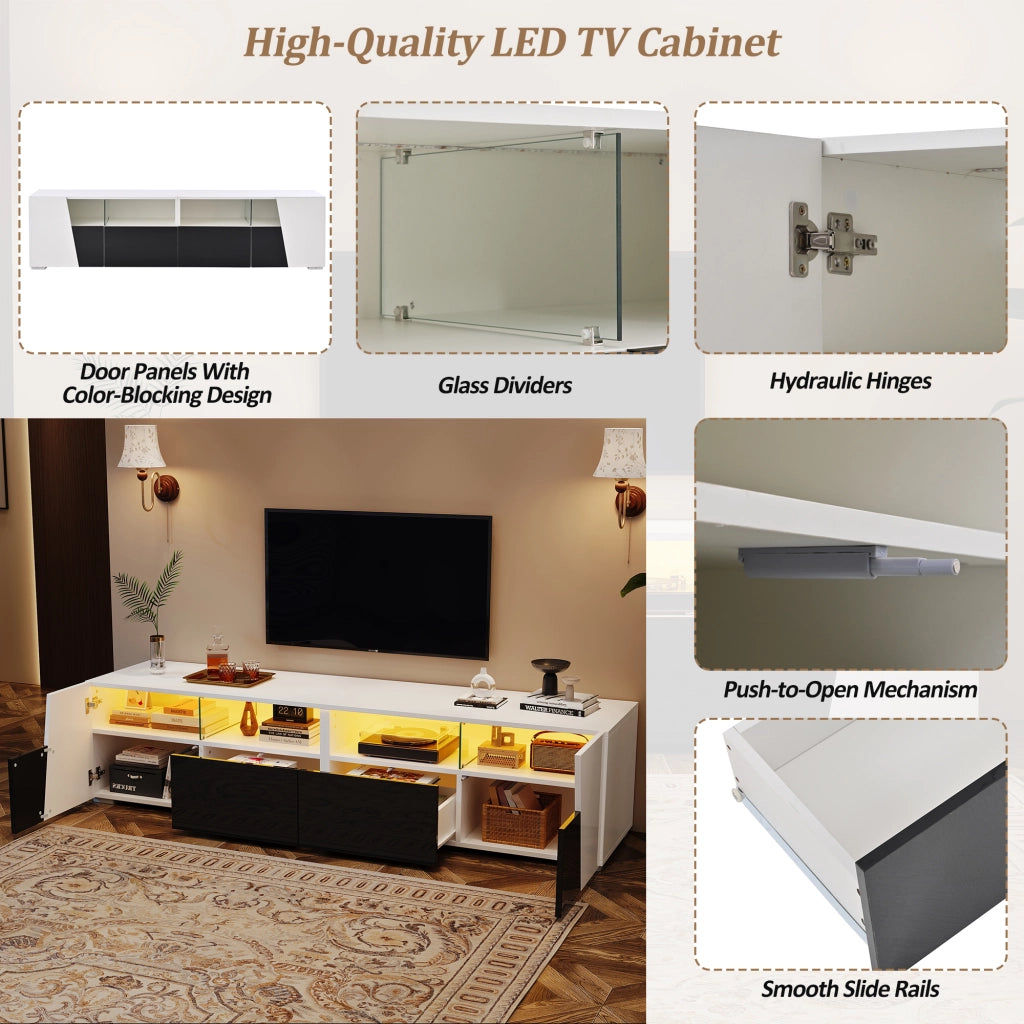 Mobile porta tv con led 2 ante 2 cassetti 4 vani aperti per soggiorno in mdf e vetro bianco e nero 180 × 38,5 × 45 cm