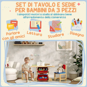 Set Tavolo e Sedie per Bambini con 4 Contenitori per Giochi in Legno e PP