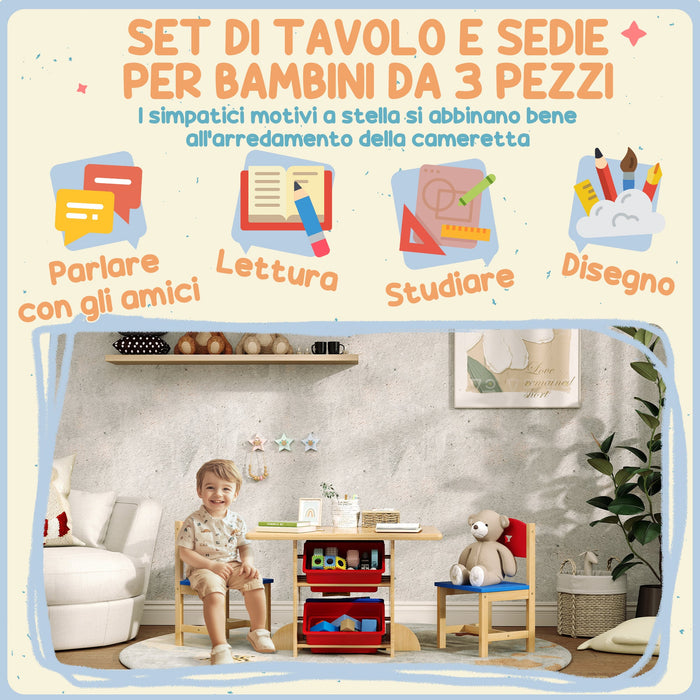 Set Tavolo e Sedie per Bambini con 4 Contenitori per Giochi in Legno e PP