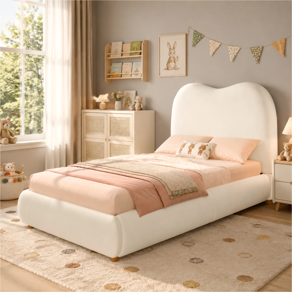 Letto contenitore per bambini 90x200 cm con sollevamento idraulico; ampia capacità; testiera imbottita; velluto beige