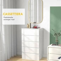 Cassettiera 5 Cassetti in Legno con Maniglie Scanalate, 60x38x100cm, Bianco