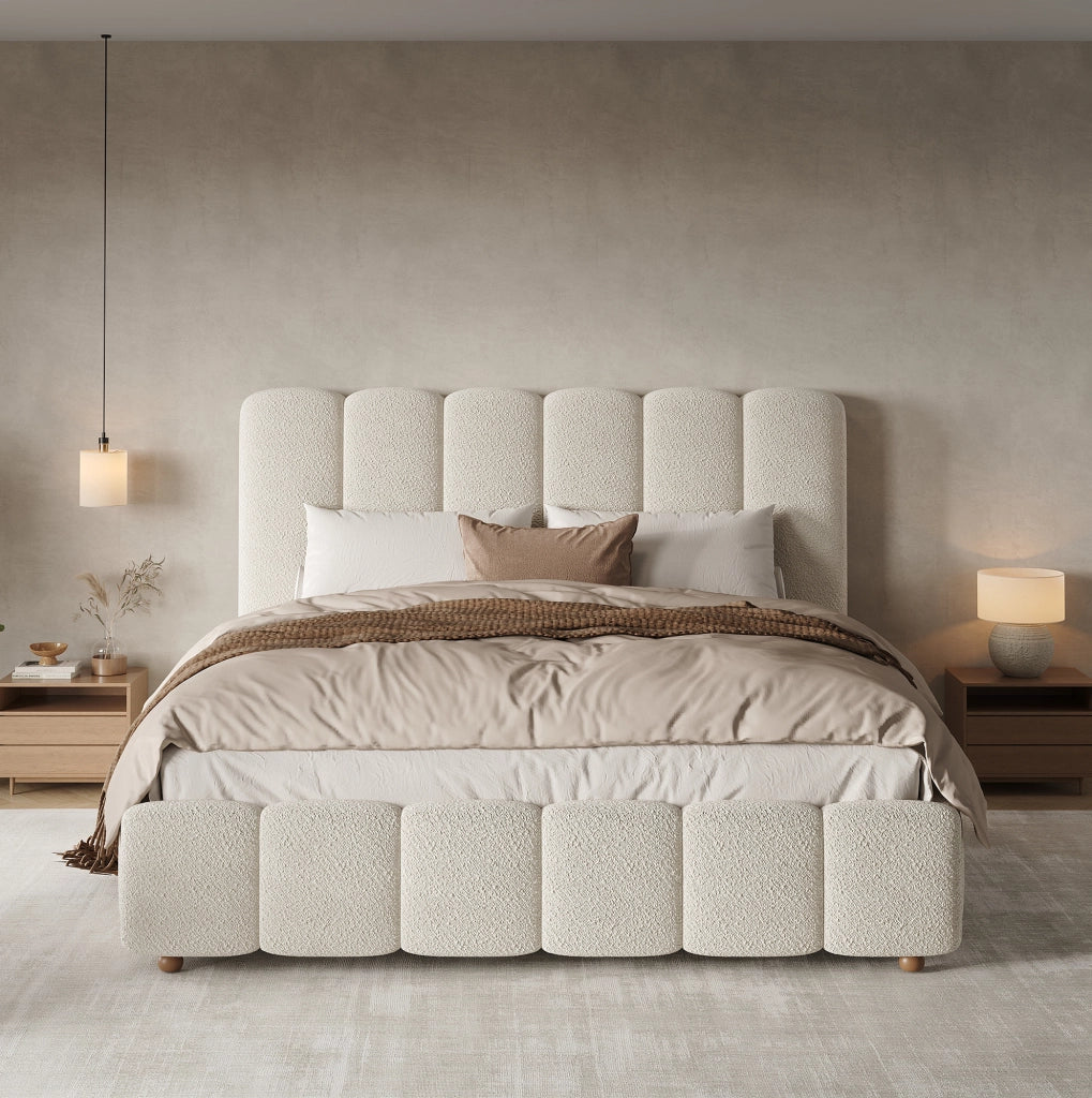 Letto matrimoniale 140x200 cm con contenitore idraulico e rete a doghe; bouclé bianco