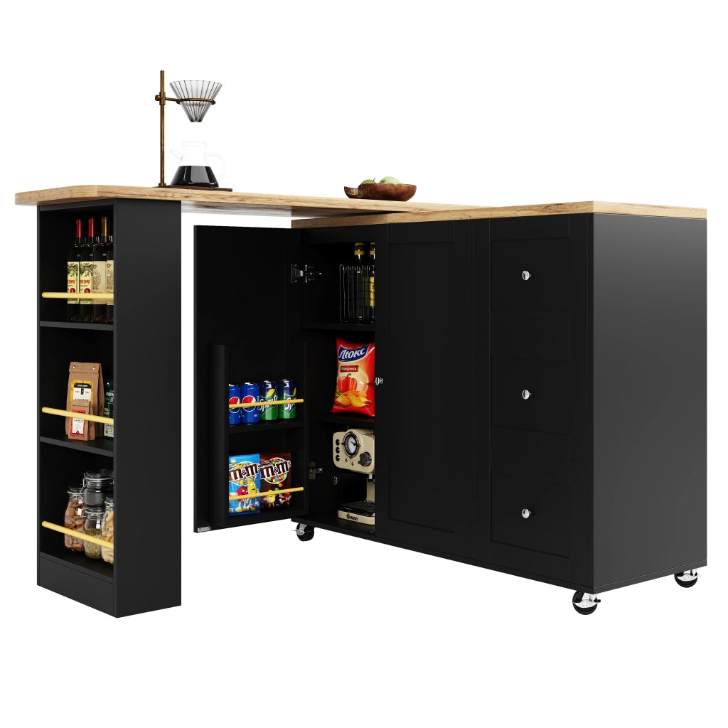 OKWISH Mobile Bar con 2 Ante 3 Cassetti e 3 Ripiani, Girevole a 360° e con Ruote, per Cucina e Sala da Pranzo, Nero