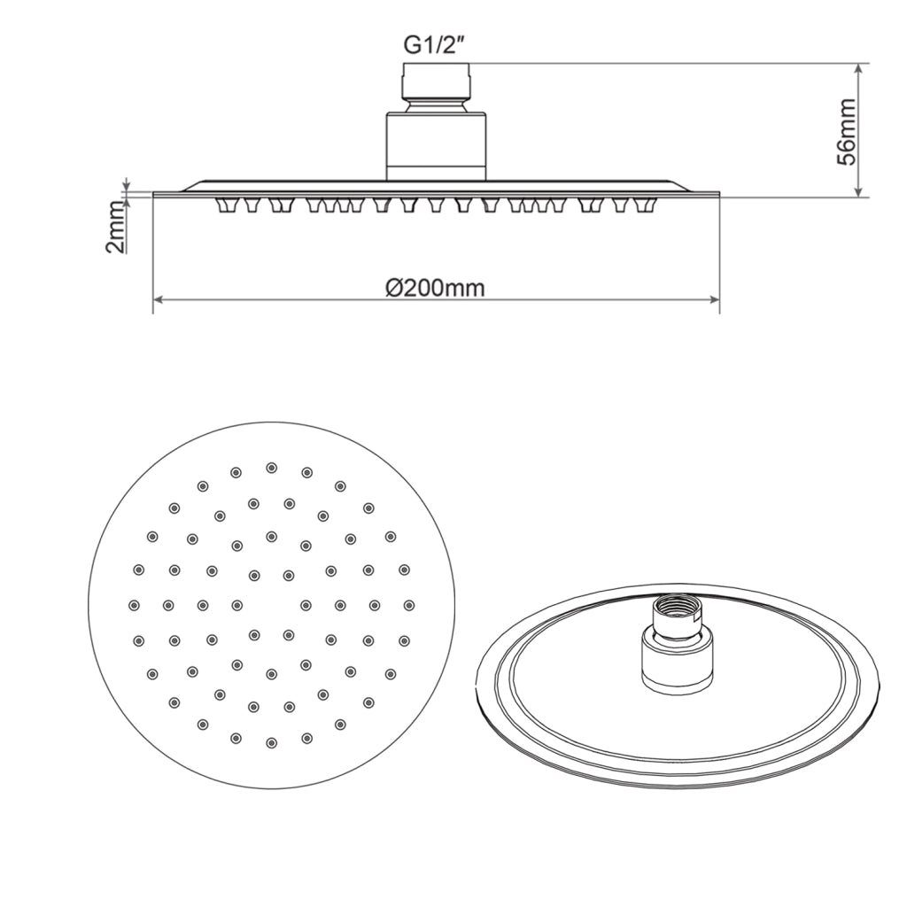 Soffione Doccia Tondo in acciaio inox Diametro 20 cm effetto pioggia con ugelli anticalcare ultrasottile