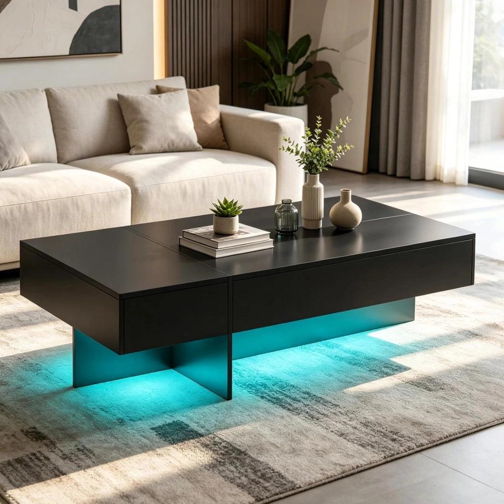 Tavolino Salotto Rettangolare con Luci LED, Tavolino da Caffè Moderno con 3 Cassetti e Piedini Antiscivolo, Luminosità e Colore Regolabili, per Soggiorno e Ufficio, 120 X 70 X 35 CM (Nero)