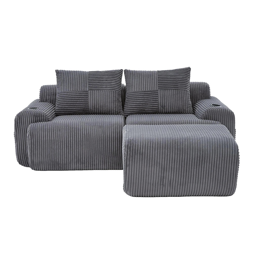 Canap¨¦ modulable in velluto costato per 2 persone - Xylo - Con pouf, porta-bevande e tascone laterale