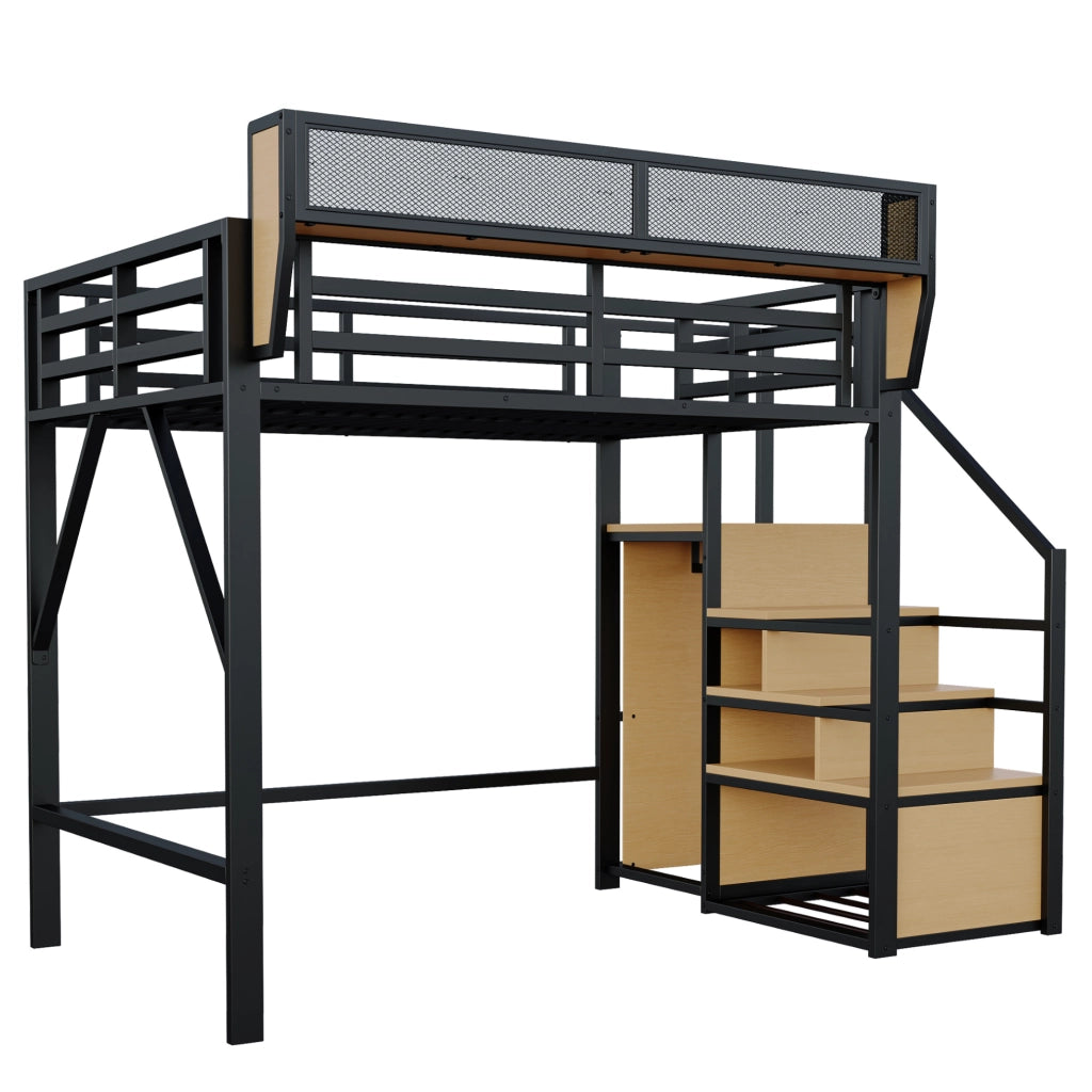Letto a soppalco 140x200 cm; scala di sicurezza e ripiano flessibile; metallo nero (Senza materasso)