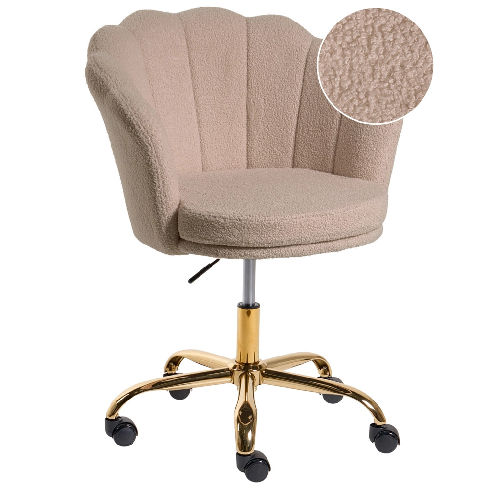 Sedia da Ufficio Girevole in Tessuto Bouclé Beige con Base a Stella e Altezza Regolabile