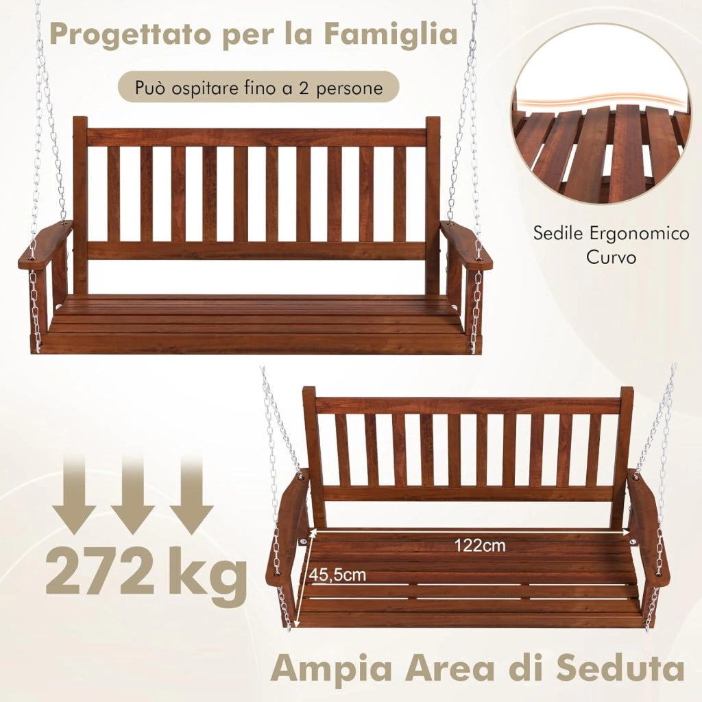 Altalena da Giardino in Legno per 2 Persone, Panchina Sospese in Legno con Capacità di Peso di 230 kg, Sedia a Dondolo per Giardino, Cortile (Marrone, 136 x 67 x 63 cm)