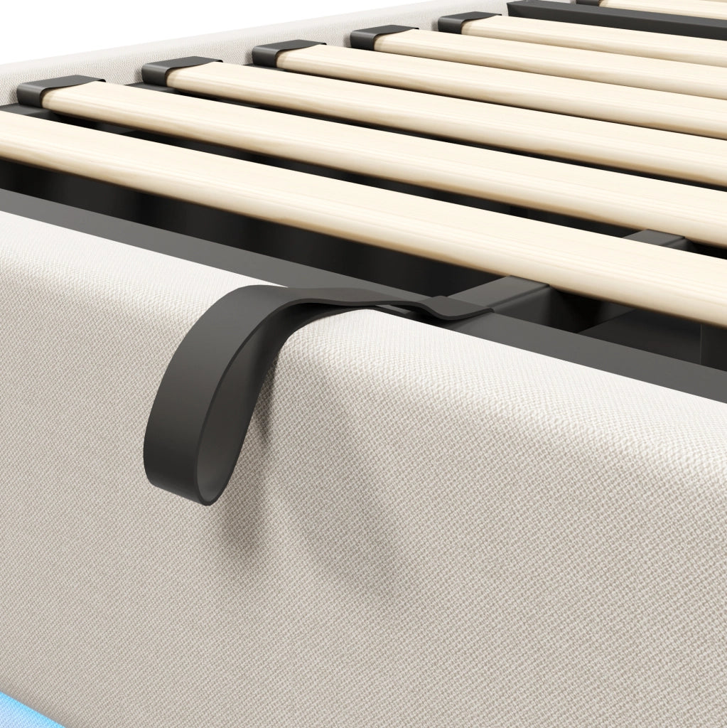 Letto imbottito con contenitore 140x200 cm in lino beige; LED e ricarica USB Type-C