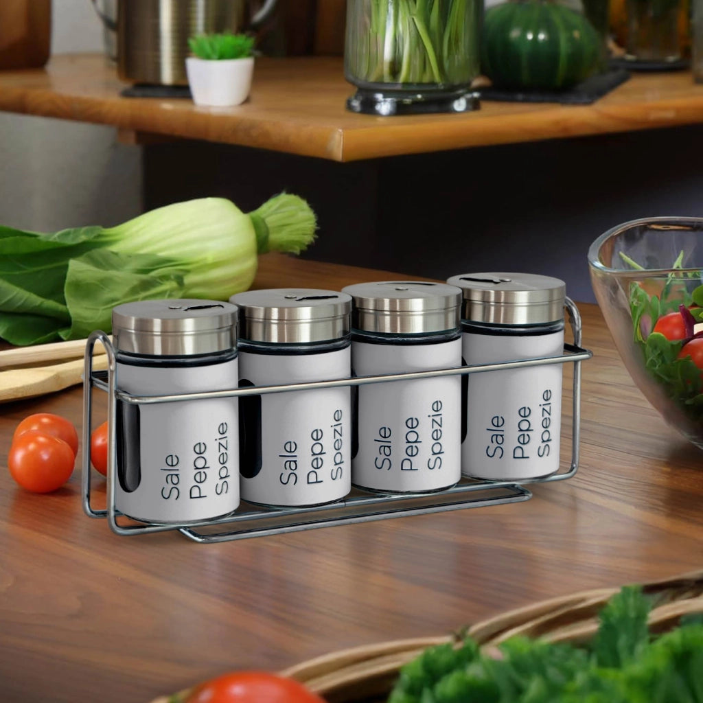 Set 4 Contenitori In Vetro Cucina Portaspezie 90 Ml Con Espositore In Metallo Barattoli Moderni Sale Pepe Rotondi Tappo Girevole Acciaio Per Regolazione Con Moderne Scritte Certificati Contatto Alimentare Grigio