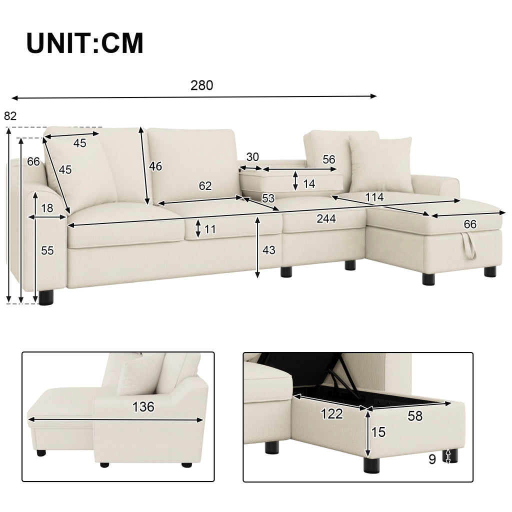 Divano a tre posti, divano ad angolo, tessuto chenille, vano portaoggetti, portabicchieri, design modulare, beige