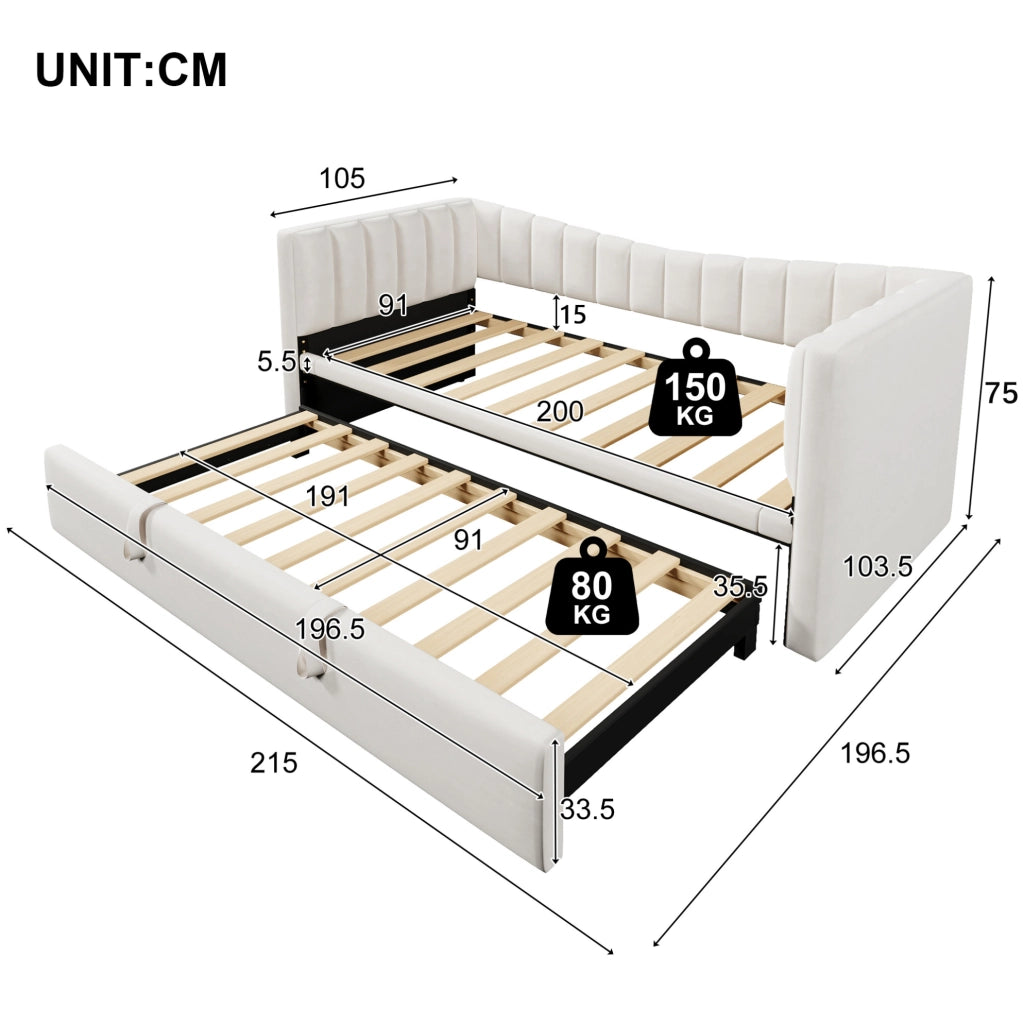 Letto imbottito con letto estraibile 90 x 200 cm, velluto e MDF, bianco