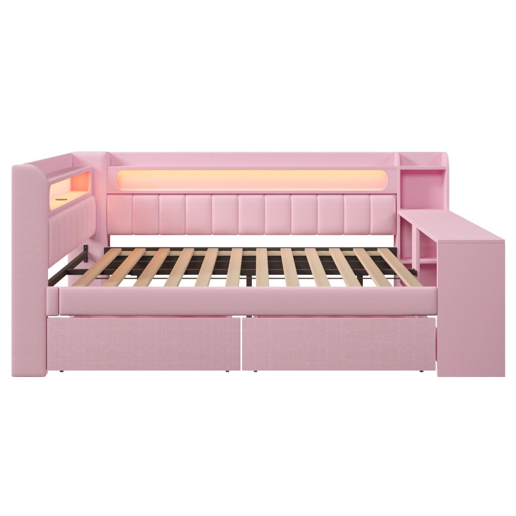 OKWISH Letto Divano 140 x 200 cm, Letto Matrimoniale con 2 Cassetti, USB, LED e Scrivania, senza Materasso, Rosa
