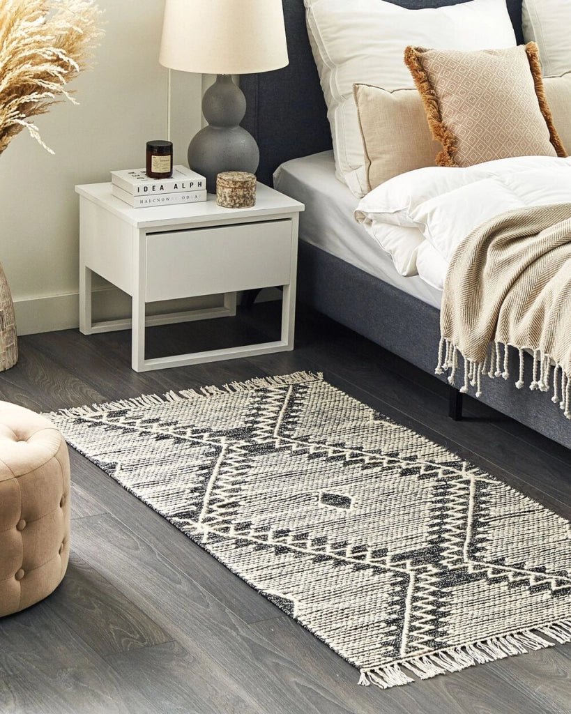 Tappeto in cotone bianco panna nero 80 x 150 cm lana motivo geometrico nappe tribale orientale