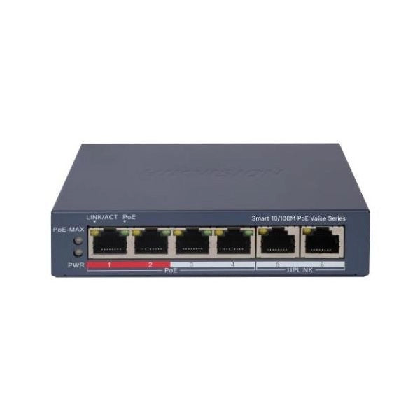 Switch hikvision 4 × 10/100 mbps poe port,2 × 10/100 mbps rj45 port poe power budget 45w, - ds-3e1106p-ei/m