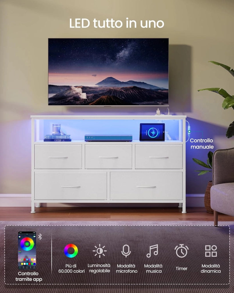 SONGMICS BELLAH Collezione - Cassettiera con LED Regolabile Controllato da APP, Mobile con Prese, 1 Ripiano, 5 Cassetti, Moderno, Bianco Nuvola LGS723WH01