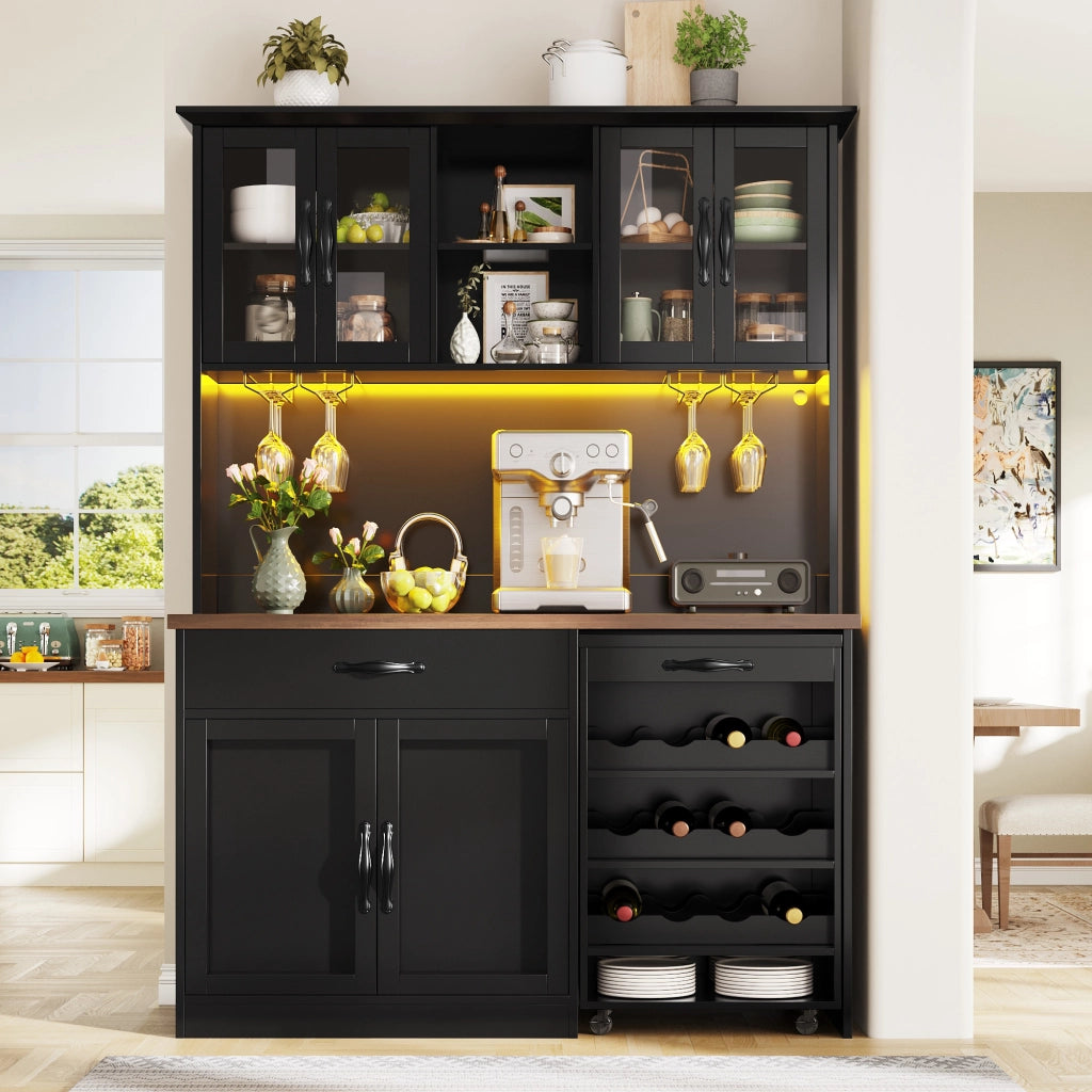 Armadio cucina 140 cm con carrello estraibile, illuminazione LED dimmerabile, 4 ante in vetro, cassetto e portabottiglie, nero