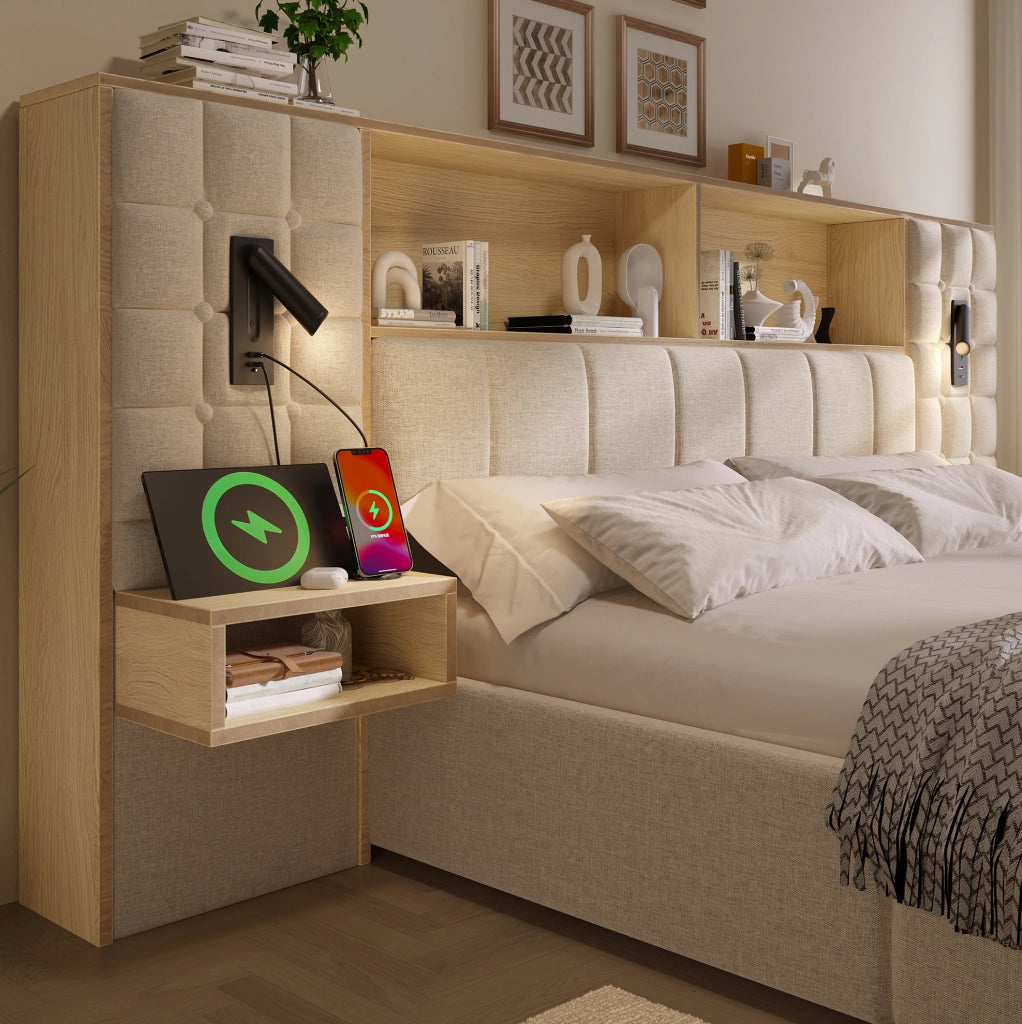 Letto contenitore 180x200 beige con LED, USB-C e comodini