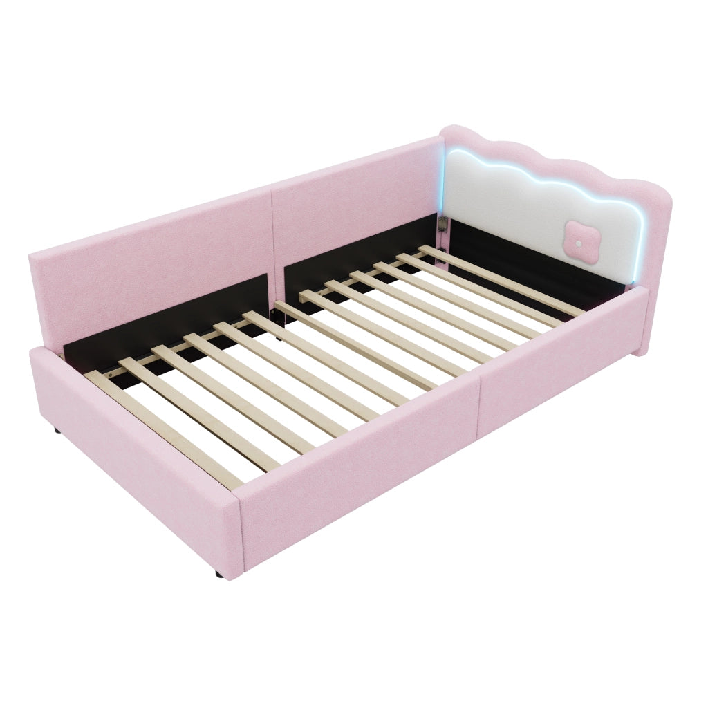 Letto singolo 90×200 cm con illuminazione LED; rete e testiera; senza materasso; velluto rosa per camera da letto