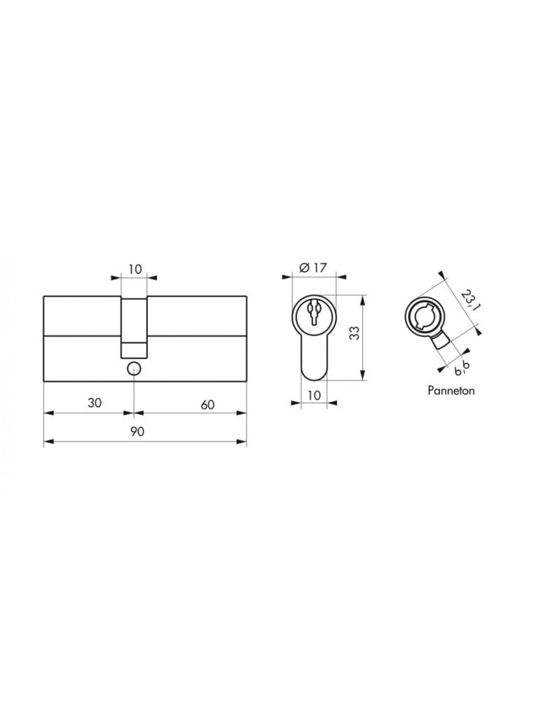 Cilindro europeo a doppia entrata, 30 x 60 mm, ottone, 3 chiavi – Serrurerie de Picardie