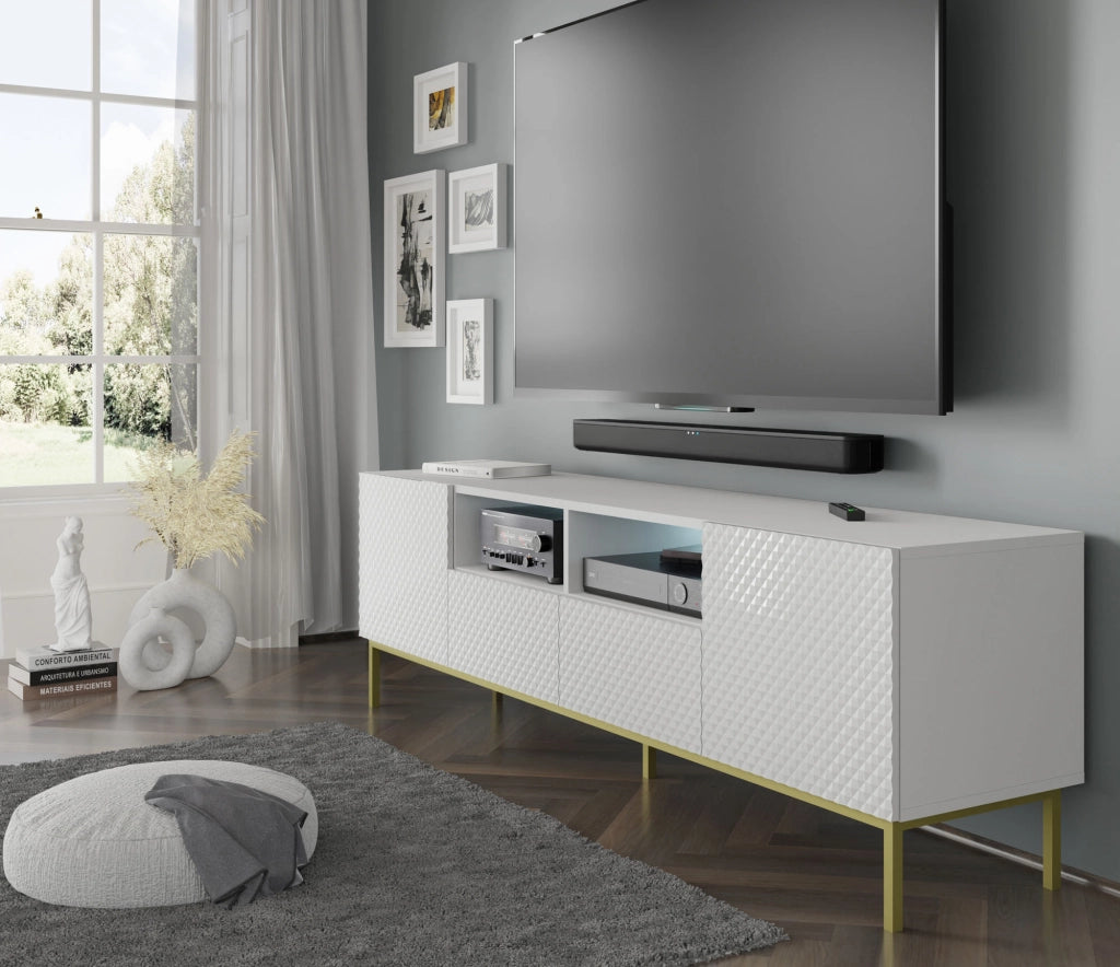 PORTA TV RAVENNA CCK DIAMOND MDF HG TV STAND 2D2S 200 BIANCO OPACO BIANCO LUCIDO CORNICE ORO