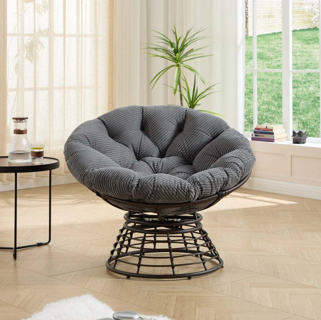 Poltrona Papasan girevole con cuscino grigio e struttura marrone