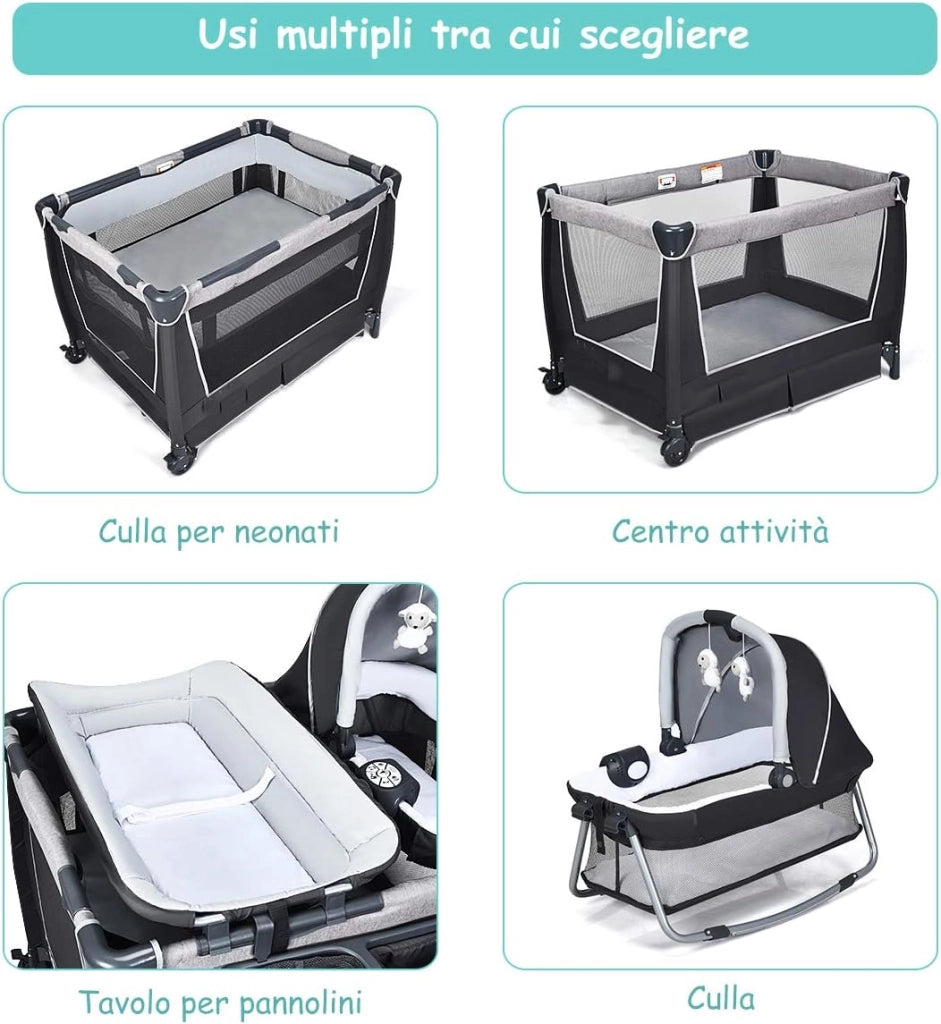 4 in 1 Lettino Neonato da Viaggio Pieghevole con Materasso, Culla da Campeggio con Fasciatoio e Giocattolo, per Bambini 0-36 Mesi fino a 15 kg (Grigio Scuro)
