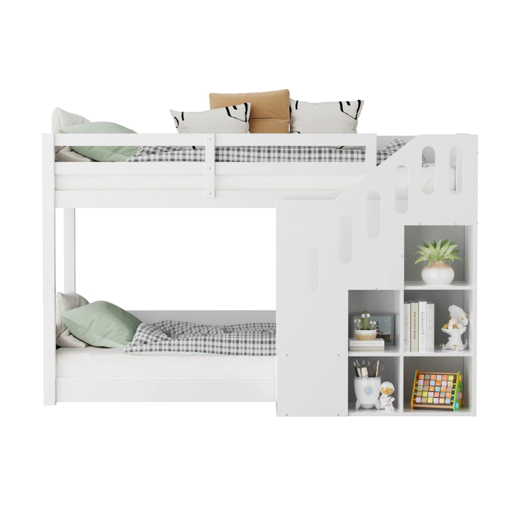 Letto a Castello 2 Posti con Scala Contenitore e Armadietti; 90×200 cm; senza Materasso; Bianco