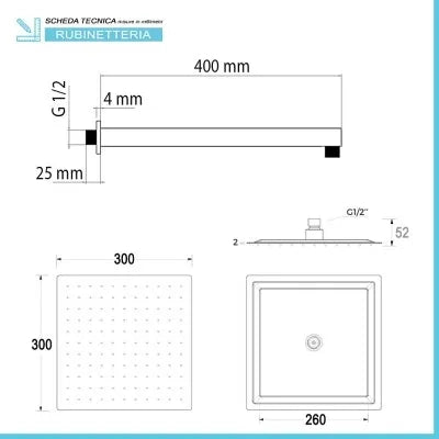 Set doccia quadrato cromo braccio 40 cm + soffione 30x30 cm acciaio inox
