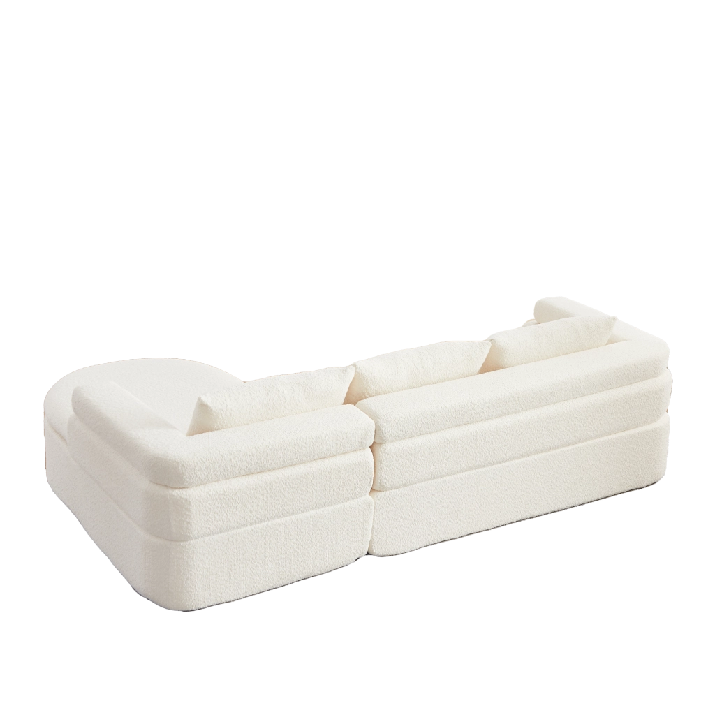 Sofa con chaise longue dal design a gradini in chenille beige