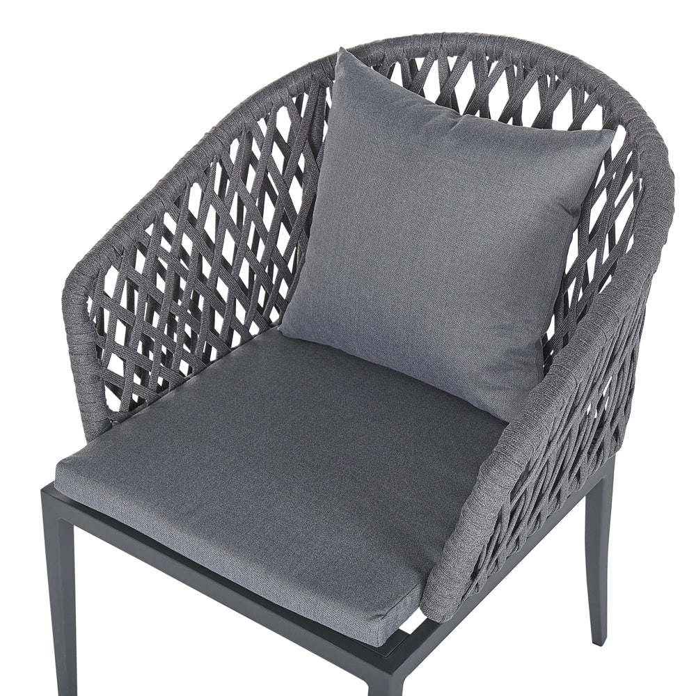 Set da pranzo da giardino 4 posti in metallo grigio alluminio finitura opaca tavolo da esterno 4 sedie cuscini moderno
