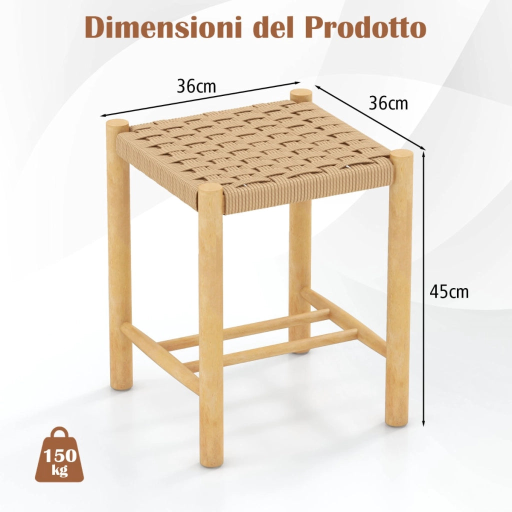 2 Sgabelli in legno di gomma con seduta intrecciata in carta, Sgabelli senza schienale Naturale 36x36x45cm-Sgabelli