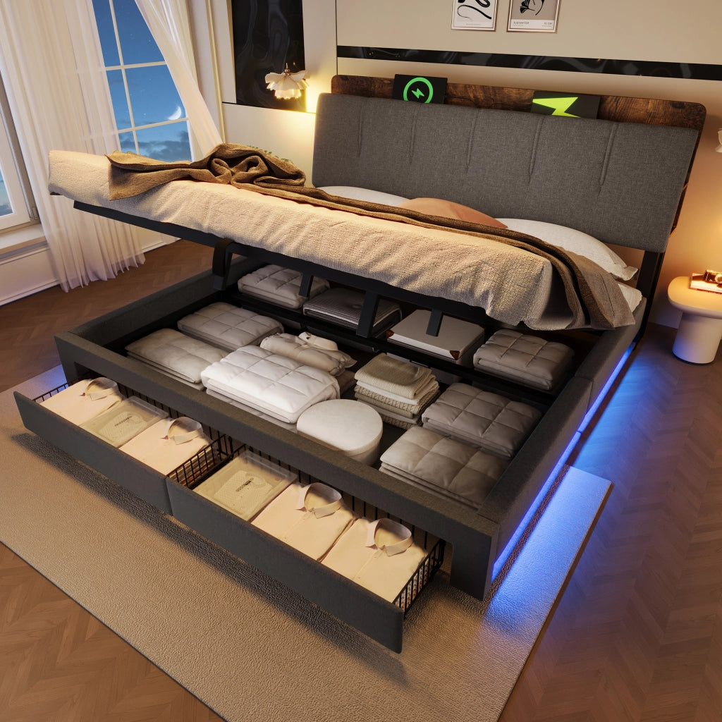 Letto imbottito con contenitore idraulico, USB-C e LED, 180x200 cm, lino grigio