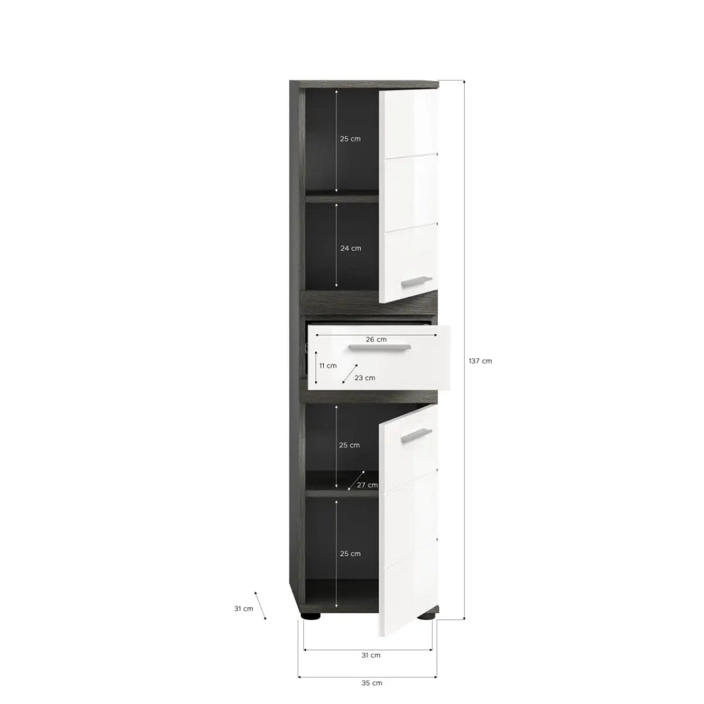 Colonna da bagno WILLIAM – 2 porte e 1 cassetto – Bianco e grigio scuro