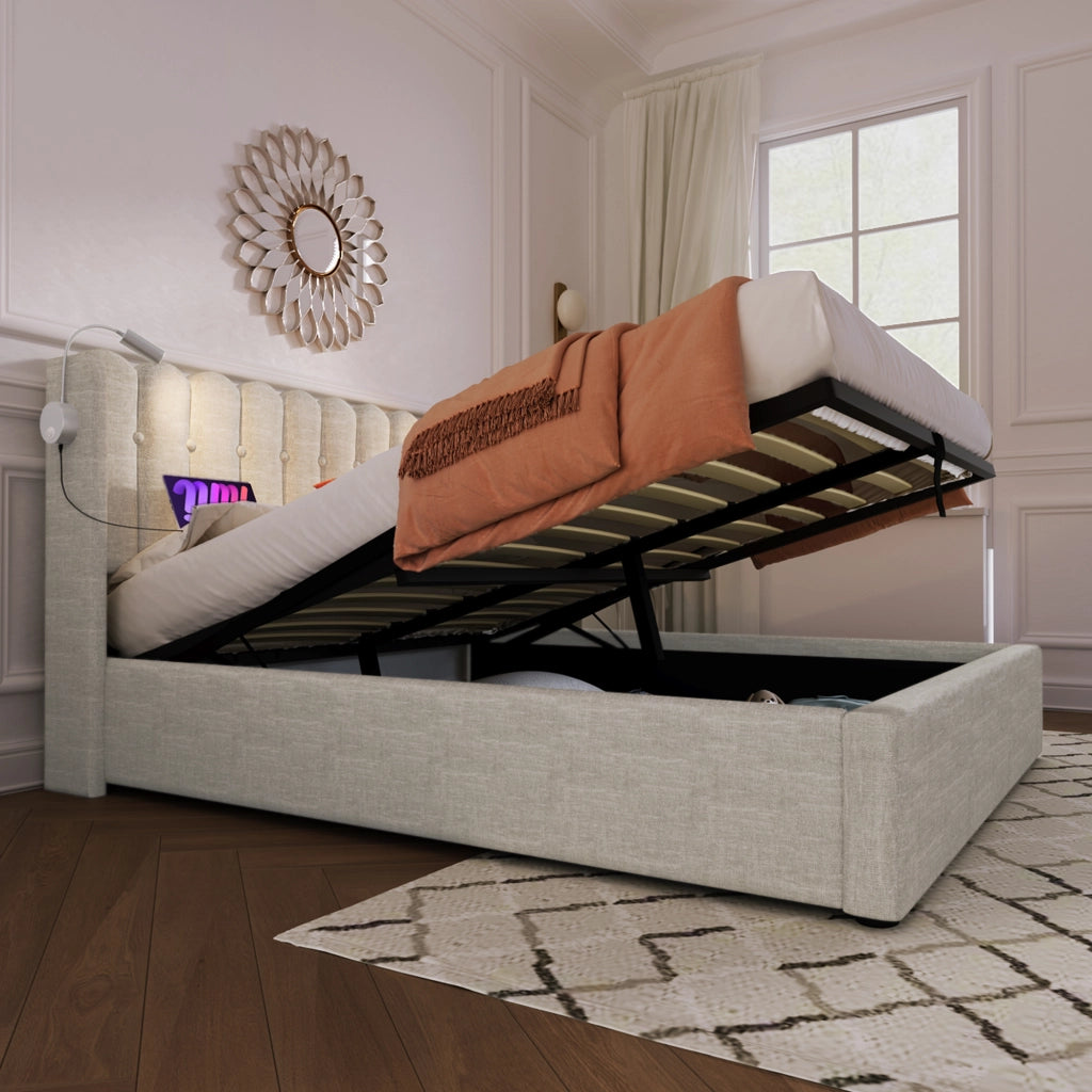 Letto matrimoniale 140x200 in lino con luce di lettura, porta USB e contenitore