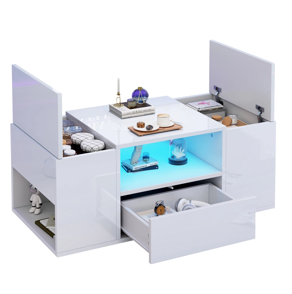 Tavolino da caffè 100 x 50 x 40 cm con LED; 1 cassetto e vani contenitore; bianco lucido