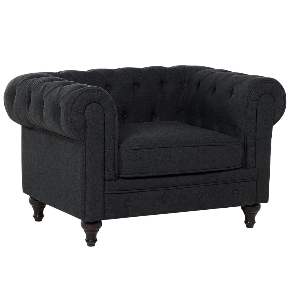 Poltrona Chesterfield Grigio Grafite Rivestimento Gambe In Legno Scuro Contemporaneo