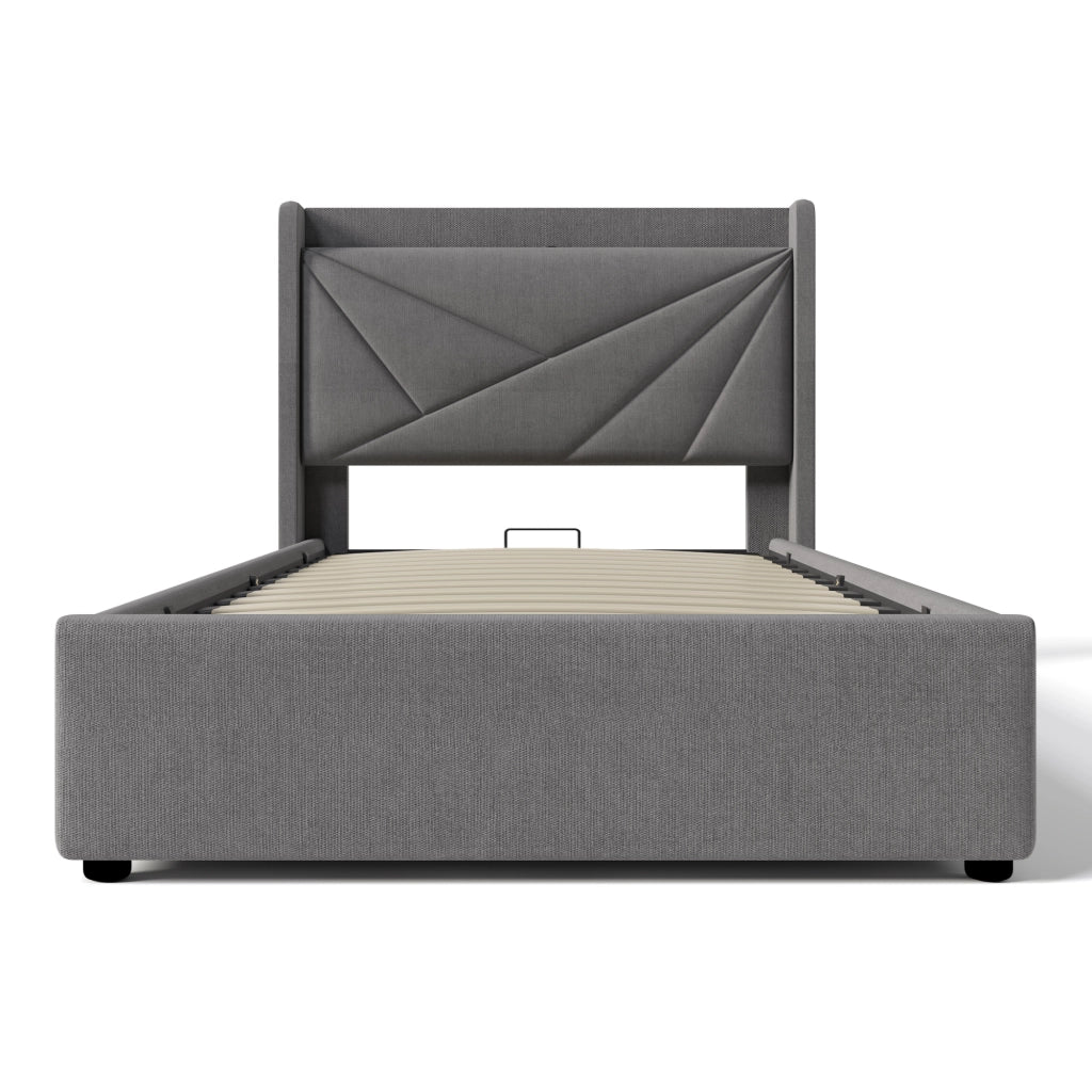OKWISH Letto Contenitore 90×200 cm, Letto Singolo con Porte USB, Tipo C e Testiera, senza Materasso, in Cotone Lino Grigio