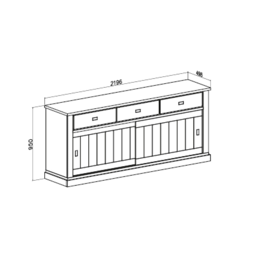 Credenza colore pino bianco e rovere wotan 3 cassetti e 2 ante scorrevoli Anthony67070 219,6x49,8x95H stile shabby