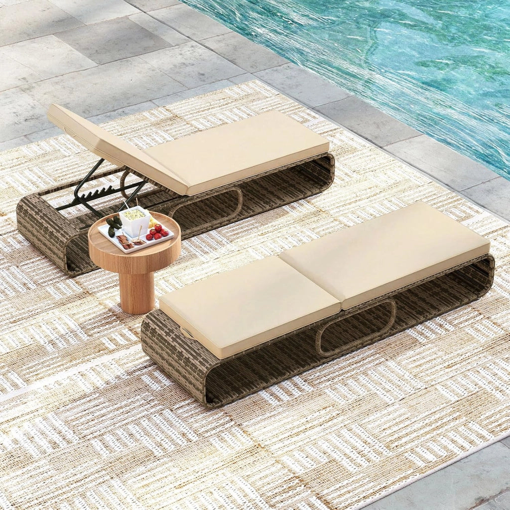 Sedia a Sdraio Imbottita in Rattan PE, Lettino Prendisole con Cuscino Morbido, Spazio di Stoccaggio e Schienale Regolabile a 7 Posizioni, Portata 180 kg, per Piscina e Giardino (2, Marrone)