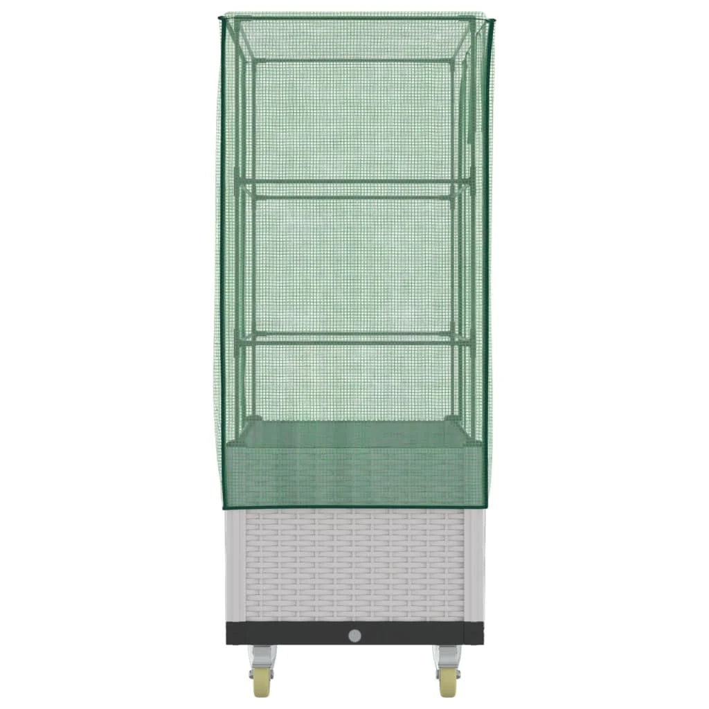 Vaso per fioriera rialzata per piante fiori terrazza da giardino rialzata con copertura e ruote effetto rattan bianco 02_0038797