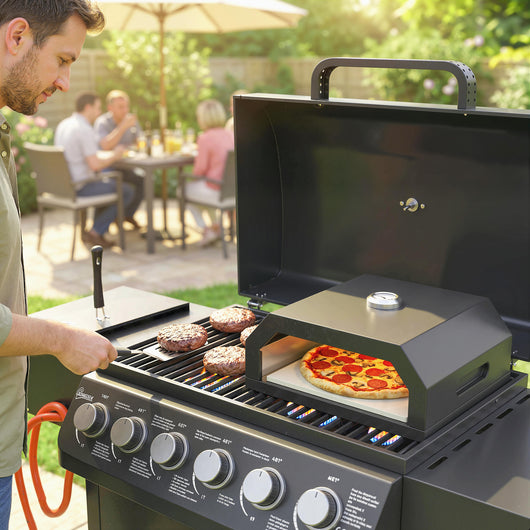 Mini Forno per Pizza da Barbecue 53x40x18,5 cm con Pietra in Cordierite e Termometro in Metallo Nero