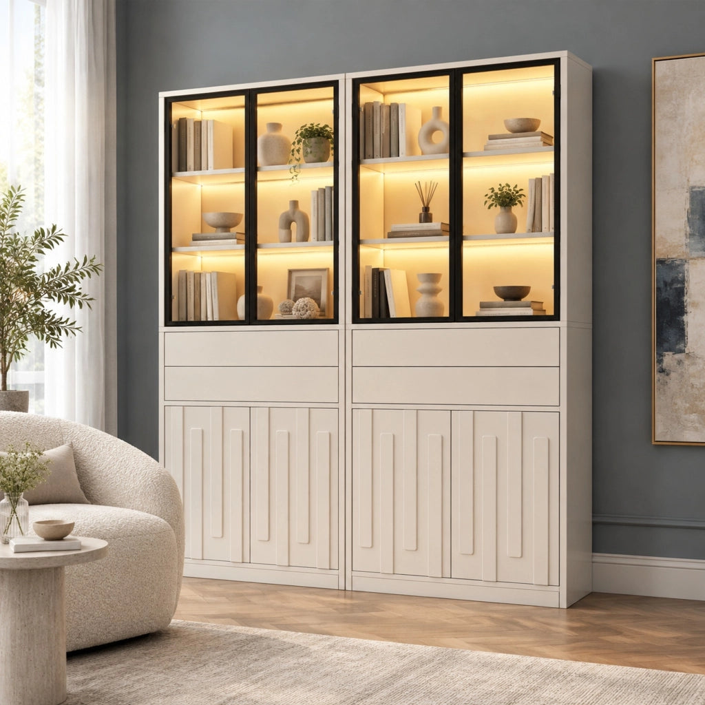 Set di 2 vetrine con illuminazione LED Bluetooth in truciolare bianco